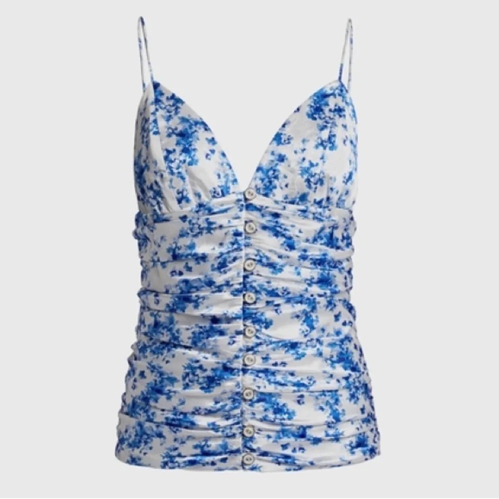 Caroline Constas Mimi Ruched V-Neck Cami Floral Blue White‎